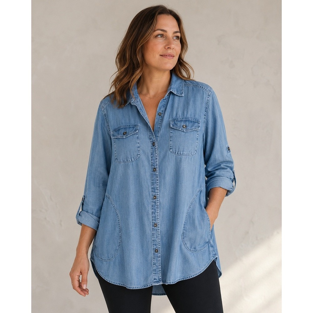 Stella Carakasi Chambray Oversized Tunic Shirt L Lagenlook High Low Pockets